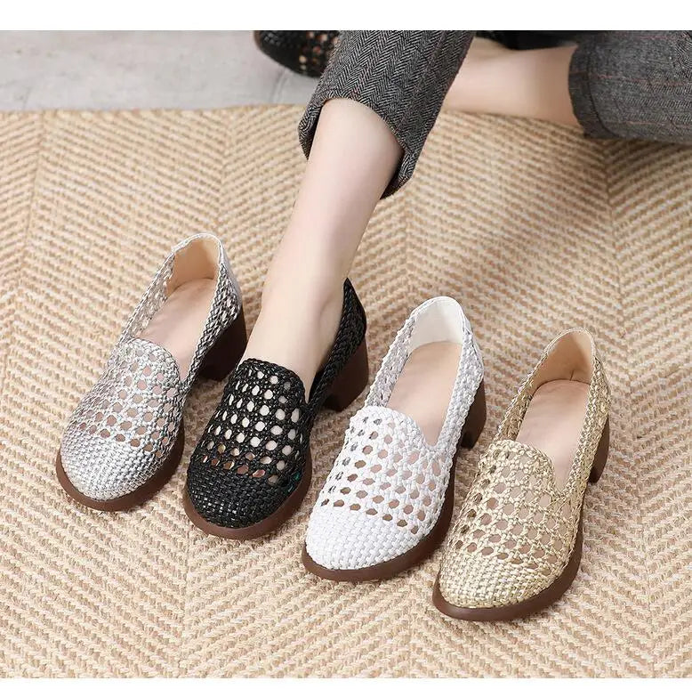 Summer Hollow Woven Breathable Shoes Women Sandals Big Size Thick Heels Genuine Leather Shoes Summer Casual Sandals