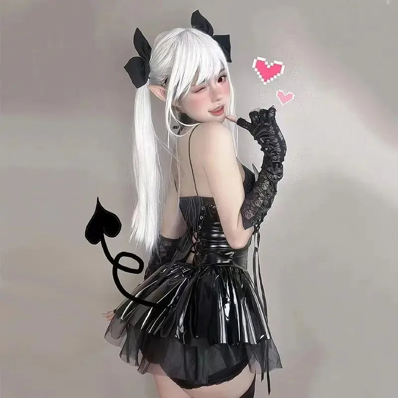 Sexy Cosplay Pu Dress Women Harajuku Streetwear Grunge Bandage Hollow Out Bats Dress Punk Y2k E-girl Mall Gothic Clothes