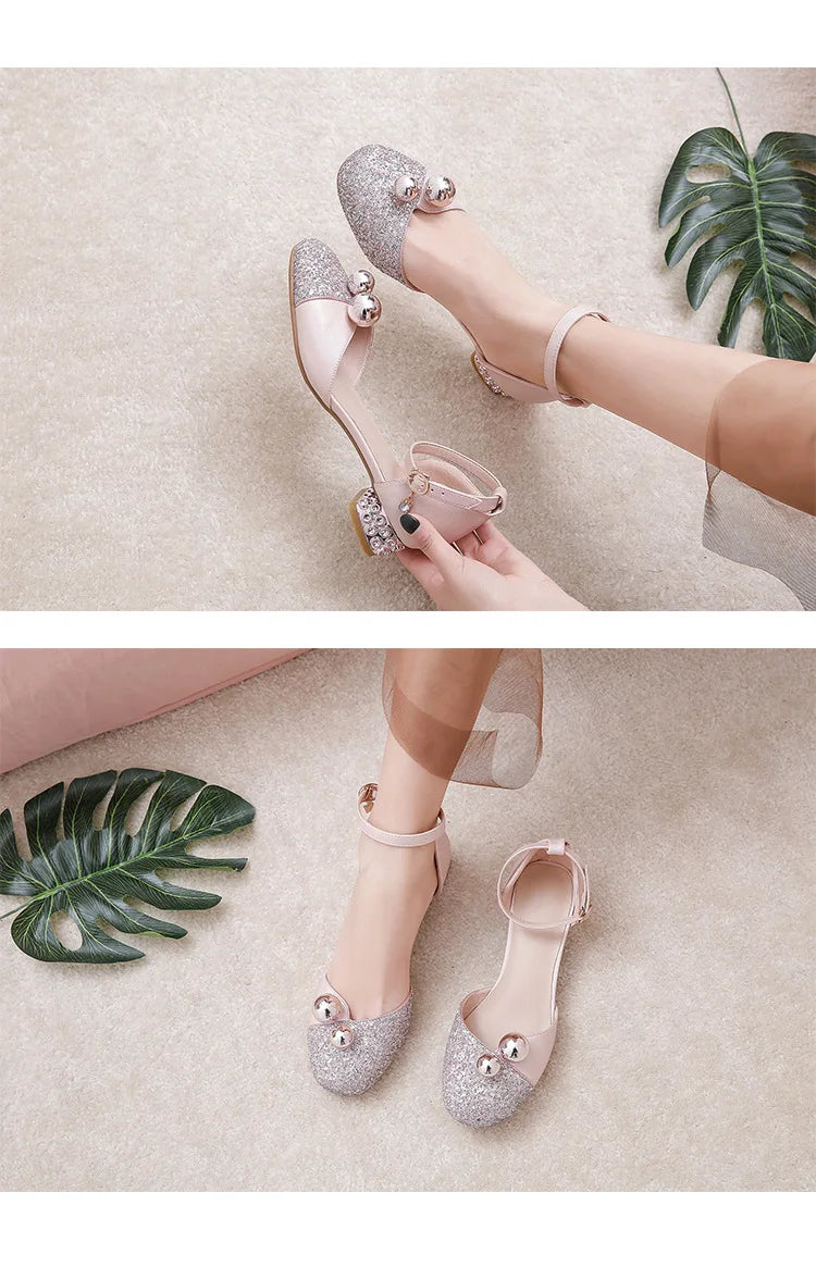 Princess Kids Leather Shoes Girls Sandal Sweet Pearl Casual Glitter Children High Heels Girls Party Dance Shoes Pink Gold Silver