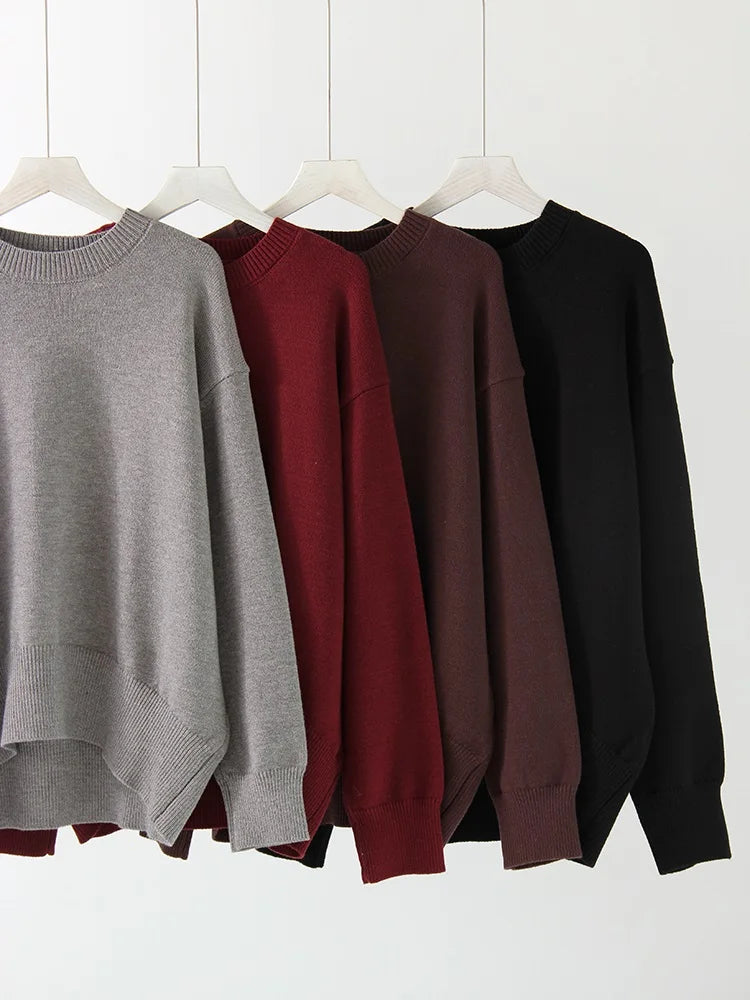 Oversize Burgundy Womens O Neck Knitwear Sweater Warm Winter Pullover