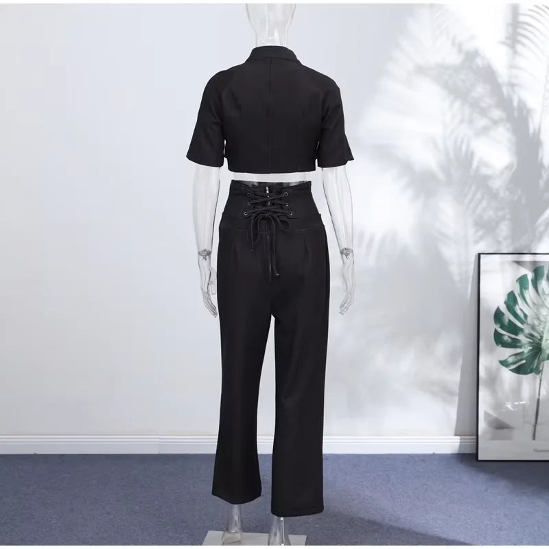 Women Denim Coat Pants Set Middle Sleeve Single Breasted Top Jackets High Waist Leg Loose Trouser Suit Lady Elegant Chic Sets