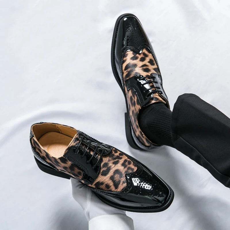 2025 Fashion Leopard Dress Shoes Man Pointed-Toe Lace-up Luxury Man Comfortable Leather Shoes For Men Plus Size 48 Oxford shoes