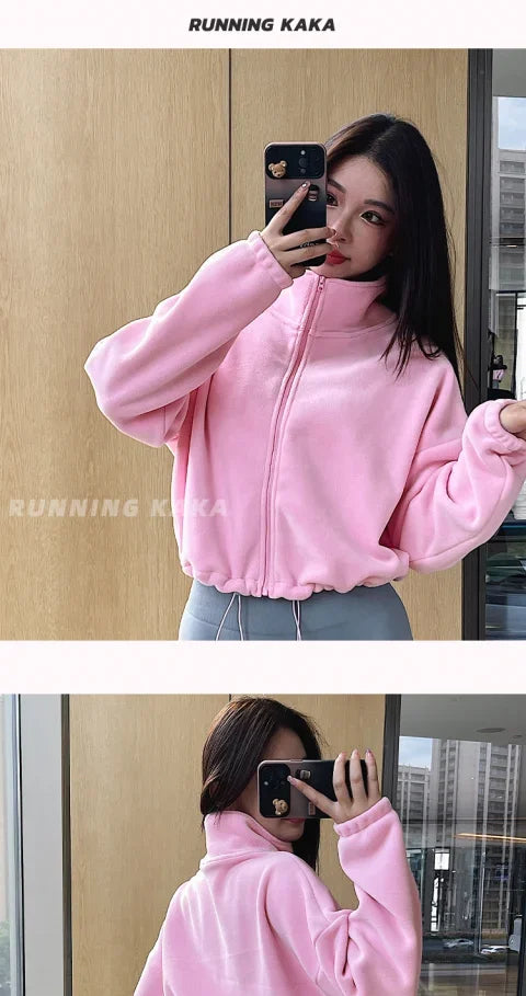 Women Loose Cropped Jacket Loose Zipper Sweatshirt Y2k Long Sleeve Coat Cardigan Sportswear Streetwear Drawstring Tops Clothing