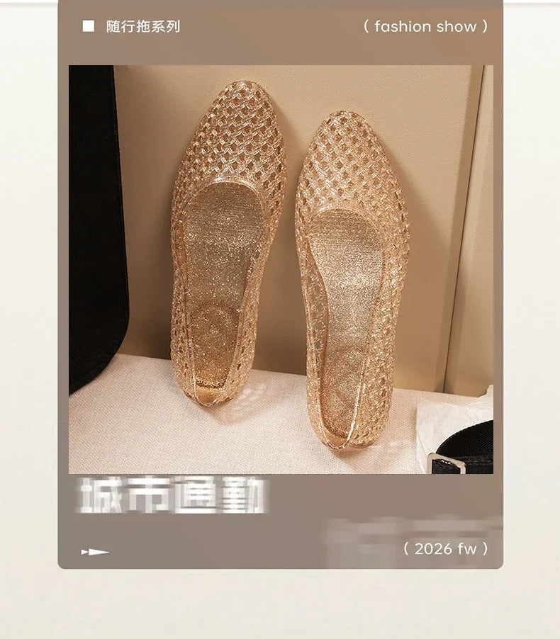 Summer Flat Sandals Women Hollow Out Crystal Plastic Jelly Shoes Mesh Outdoor Sandals
