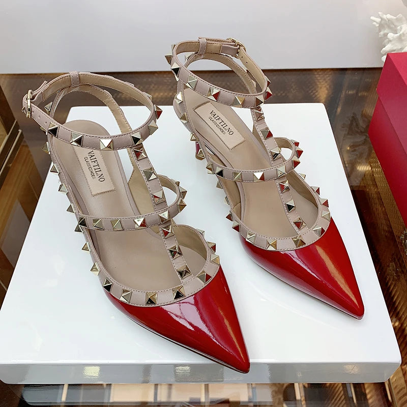 Nude Women's Gladiator sandals Summer 2025 Luxury With Ankle Strap Pointed Toe Fashion Rivet High Heels Party Ladies Shoes Women