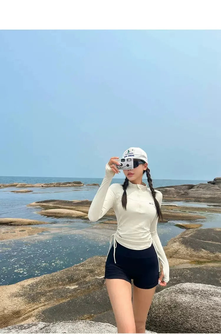 Swimwear Sports Style Long Sleeved Sunscreen Fashion Two-piece Set Women Conservative Slimming Effect Drawstring Flat Corner