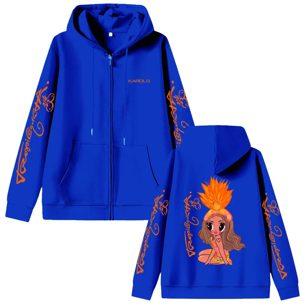 Karol G Tropicoqueta 2025 Zipper Hoodie Men Women Fashion Pop Music Zip Up Jacket Coat Unisex Casual Oversized Zip Up Sweatshirt