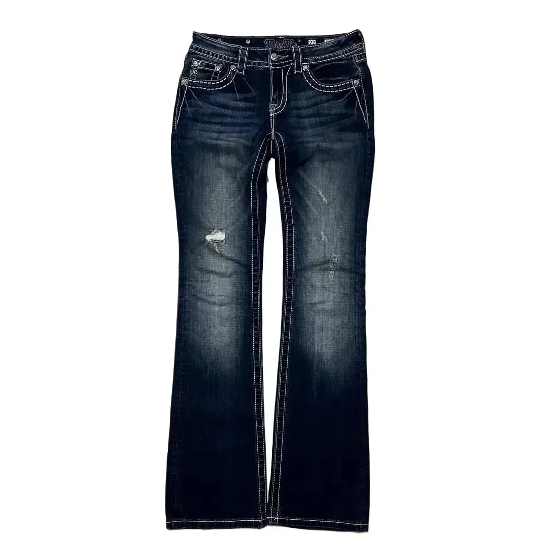 Y2K New Revival Mens Jeans Foliage Bootcut Women Gothic Blue Denim Embroidery Pocket Hip Hop Harajuku Wide Pants Street Wear
