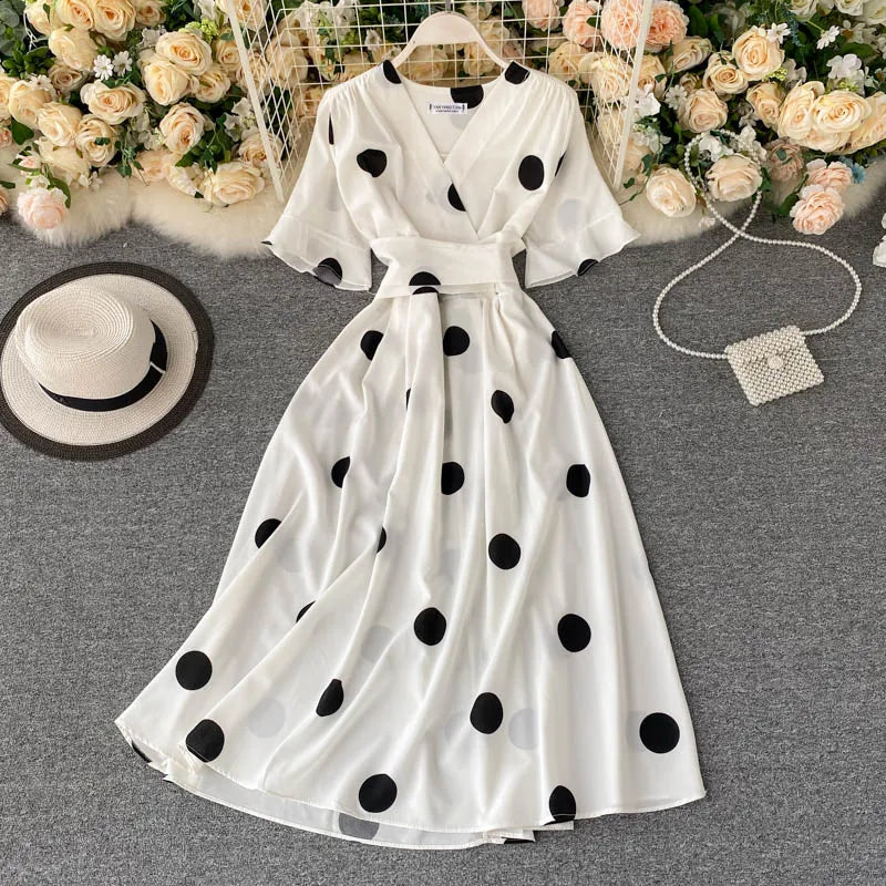 YuooMuoo Chic Polka Dot Print Women Dress Summer Vintage Swing Midi Party Dress