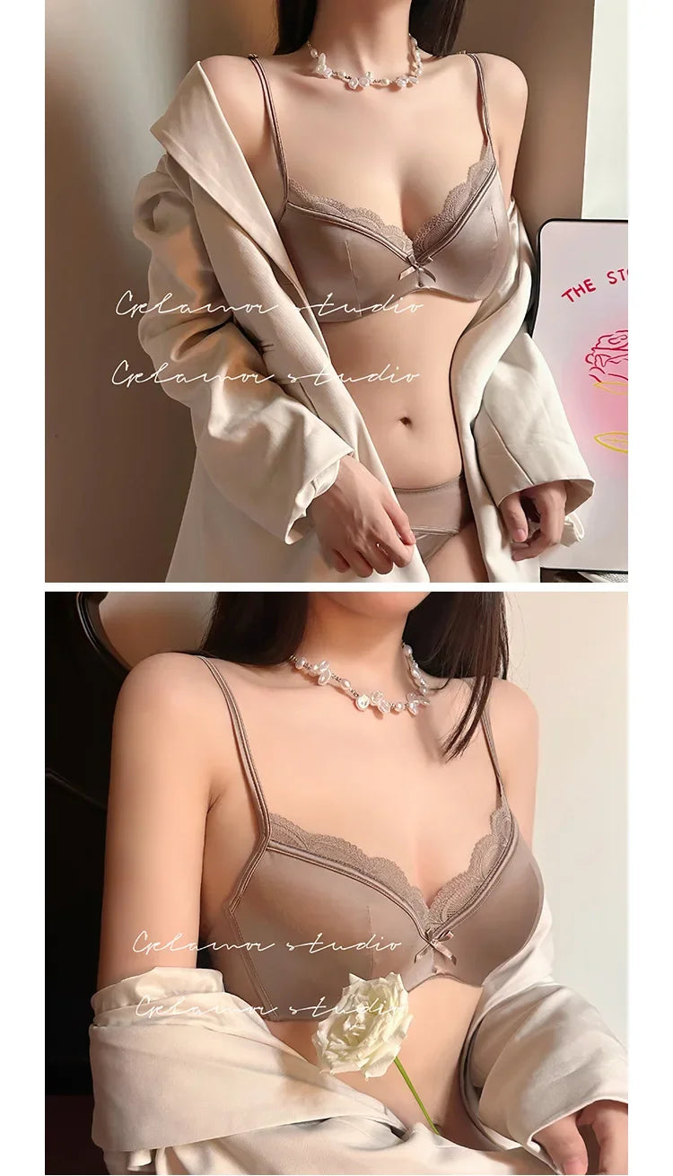 French Women's Lace Seamless Underwear Women's Thin Summer Sexy Lace Satin Anti-sagging Push-up Bra Set Underwear Women Set
