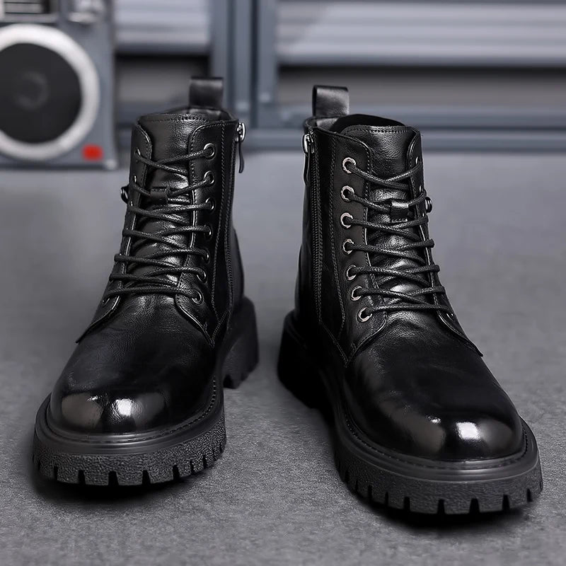 Luxury Brand Men Genuine Leather Stylish Ankle Boots Winter Classic Lace-up Antiskid Thick Bottom Boots Men Casual Leather Shoes