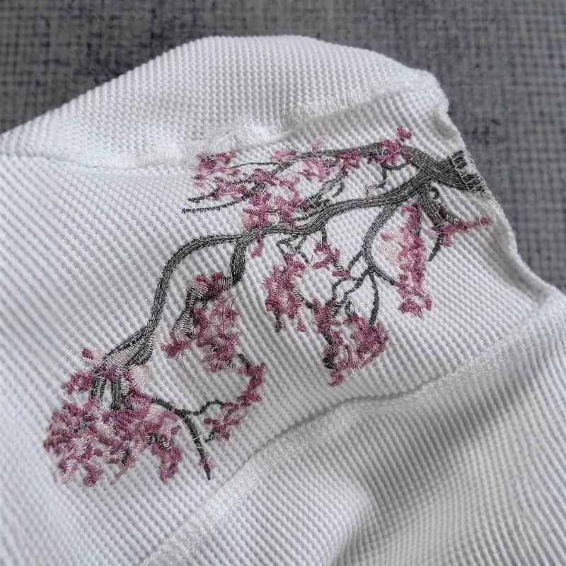 Deeptown White Cherry Blossom Embroidery Man Women T-Shirts Long Sleeve Oversized Waffle Tees Basic Harajuku Casual Streetwear