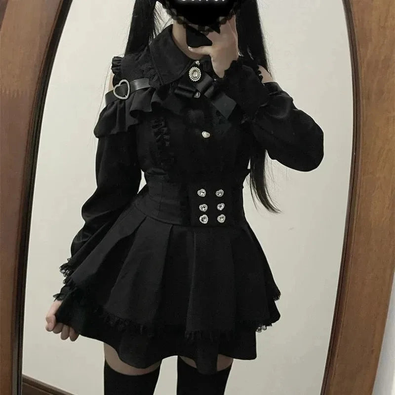 Gothic Vintage Lace Y2k Mini Dress Women Design Streetwear Black Lolita Slim Dress Long Sleeve Elegant Dress Spicy Girls