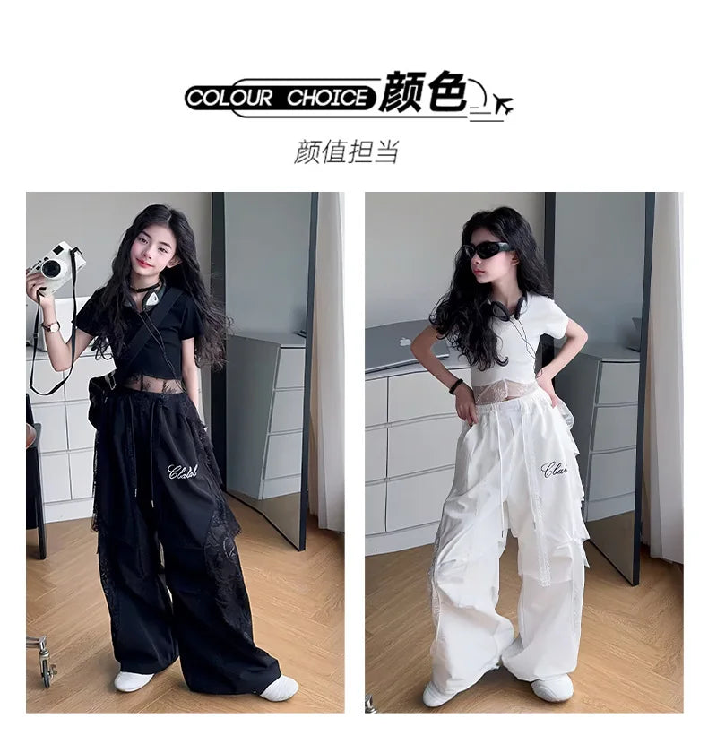 4-14 girls Hip Hop Jazz Street Dance clothes Set Child Summer Clothing Lace patchwork T-shirt+work pants 2pcs kids outfits suit