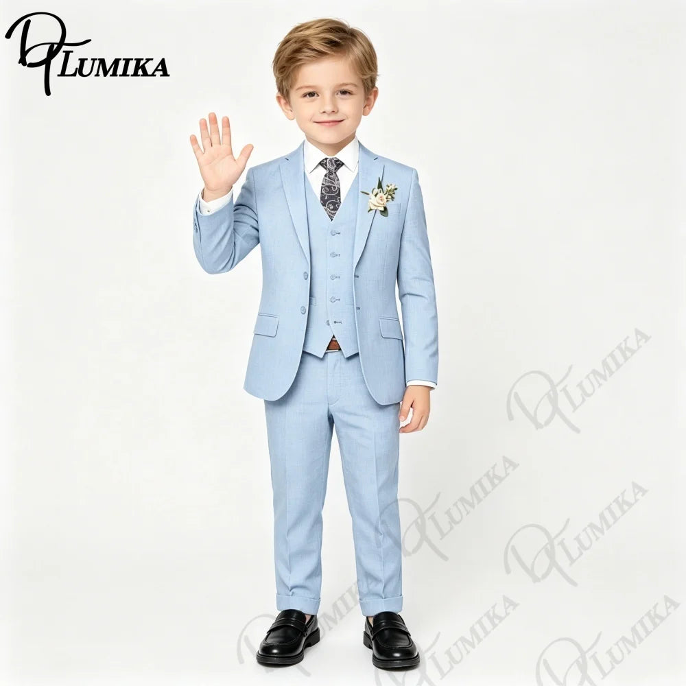 Handsome Linen Boys Suit 4-Piece Set with Floral Bow Tie 2026 Classic Formal Blazer Vest Pants for Ring Bearer Wedding Party
