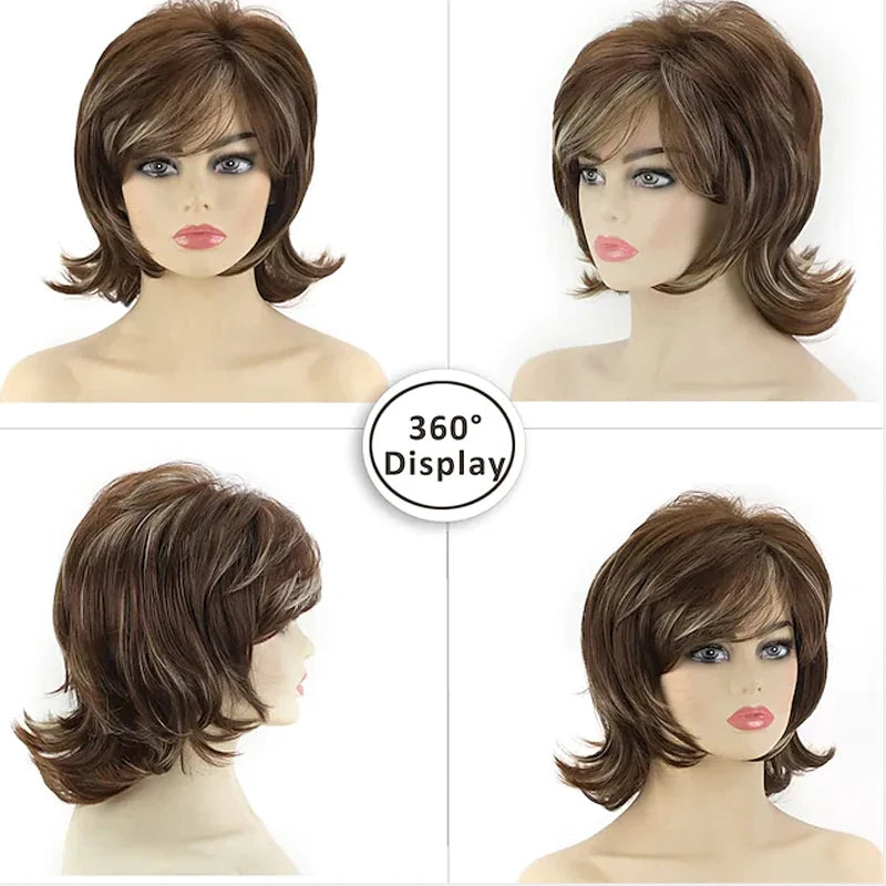HAIRJOY Synthetic Hair Short Curly Brown Mixed Blonde Highlight Wigs with Bangs for White Women