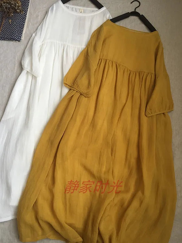 2024 Women Summer Cotton And Linen Pleated Double Layered Robe Casual Loose Half Sleeve Dress Ladies Holiday Clothes X1041
