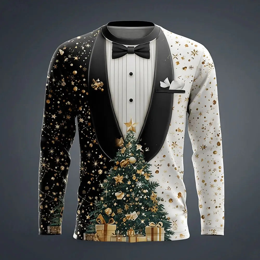 2025 Christmas Men's Christmas Costume Tuxedo T Shirt Long Sleeve T shirts 3D Print Crew Neck Shirt Daily Vacation Party Wear