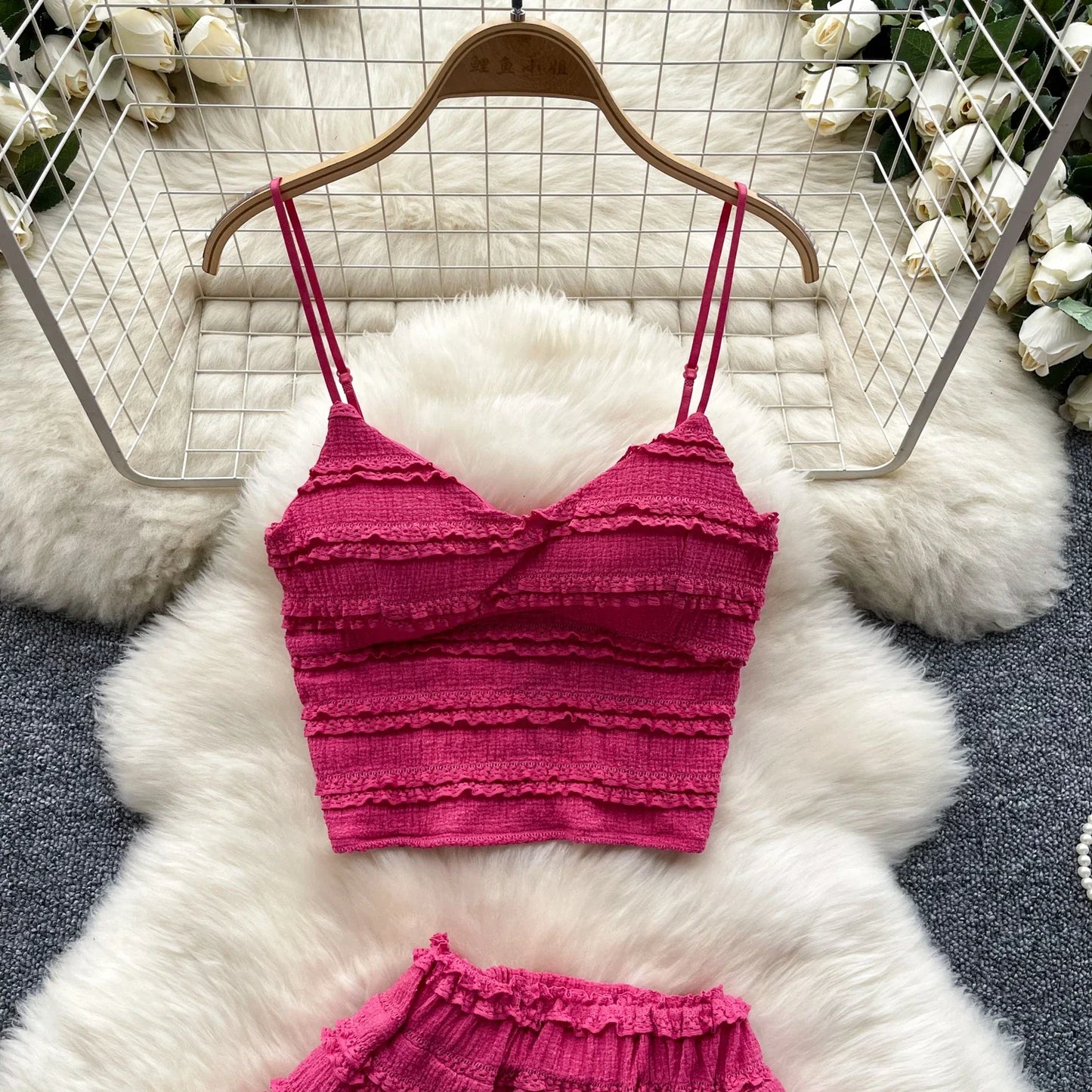 Sexy Two Pieces Sets Forwomen Chic Sexy Short Straps Tank Top with High Waist Mini Skirt Suit Summer Sweet Pleated Skirt