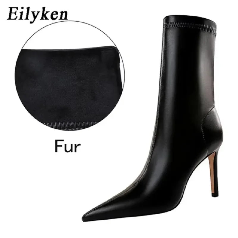 Eilyken Fashion Winter High Quality Soft PU Leather Socks Women Ankle Boots Street Style Pointed Toe Thin Heels Ladies Botines