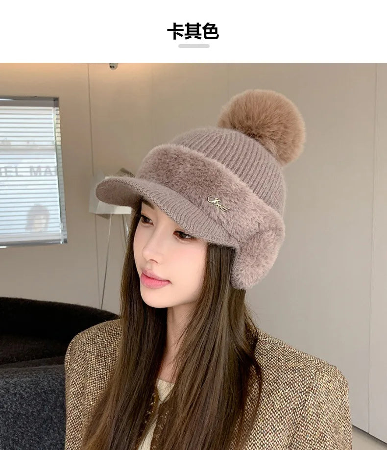 Winter Caps Patchwork Mink Fur Ear Protection Plush Hat Fashionable Solid Color Simple Wool Ball Knitted Hat For Women Cap BAZAARHUBO