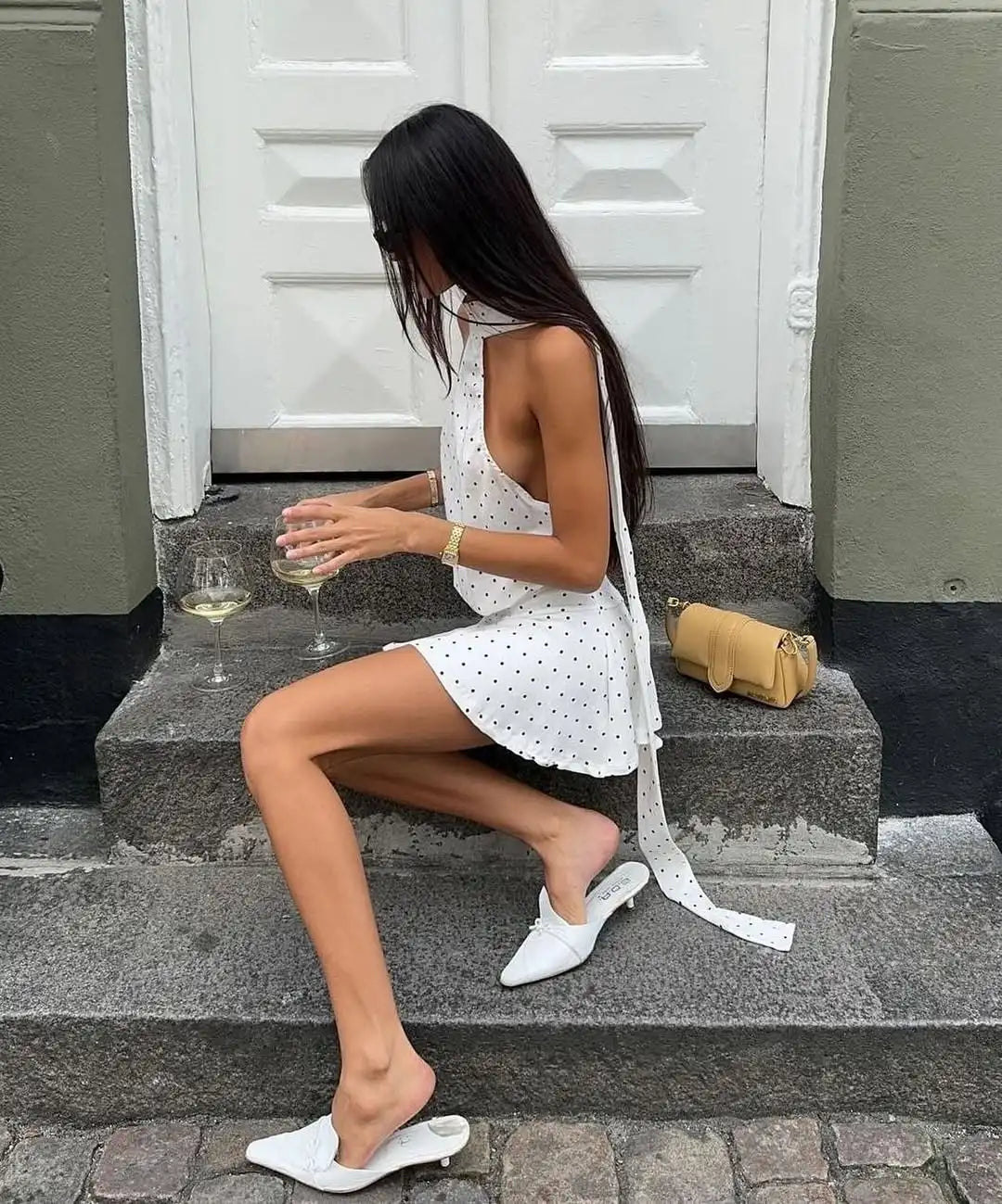 Talenza Polka Dot Mini Dress For Women Summer Off Shoulder Sleeveless Backless Halter Dress Female Elegant Party Slim Dress 2025