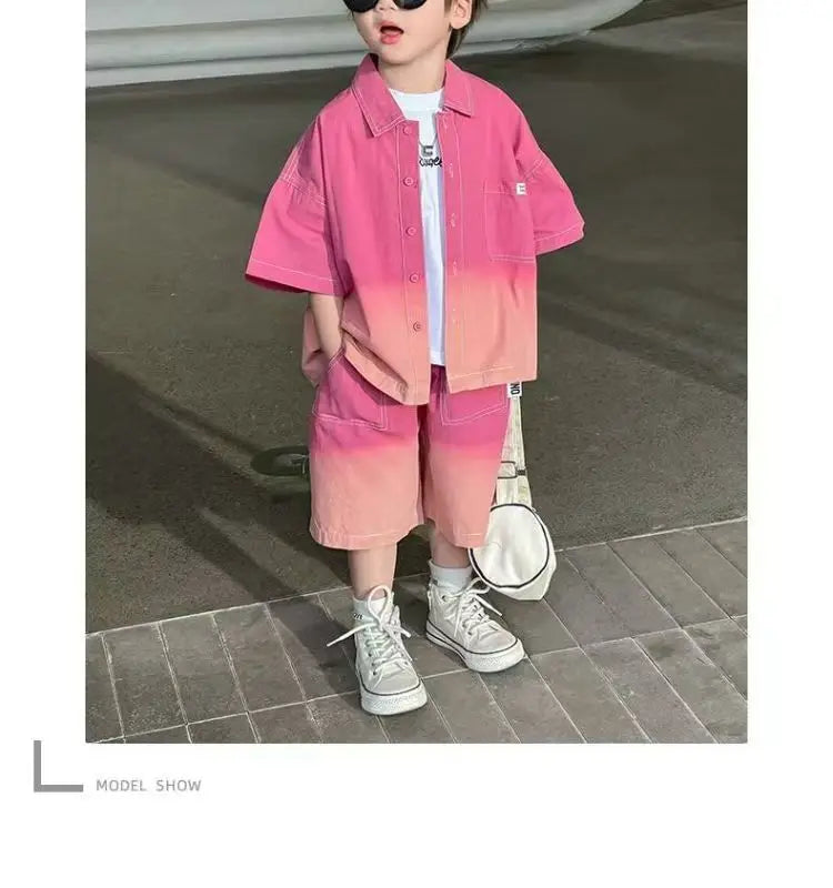2026 New Boys Fashion Gradient Pink Shirt Shorts Set Loose Fit Casual Kids Two Piece Outfit Breathable Children's Streetwear 3-8