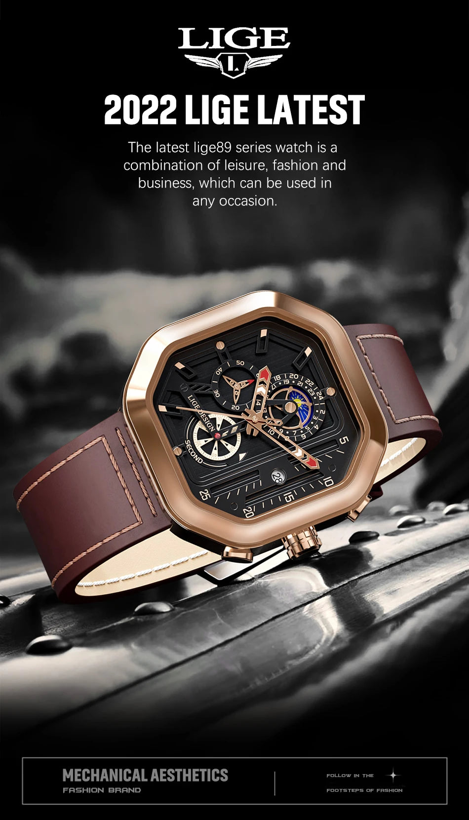 2025 LIGE Business Leather Watch For Men Top Brand Luxury Mens Watches Waterproof Quartz Wrsitwatch 24 Hours Moon Phase Clock