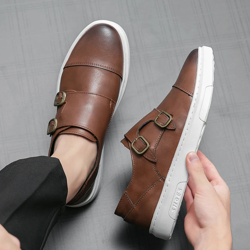 Italy Men Double Buckle Casual Shoes Autumn Leather Loafers Office Shoes for Men Driving Business Comfortable Slip on Shoes Men