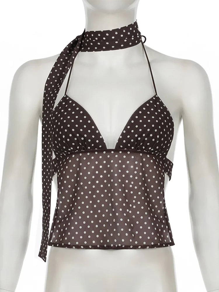 Summer Y2K Women's Polka Dot Print Sleeveless Vest Vintage Camisole with Spaghetti Strap Scarf Streetwear Top