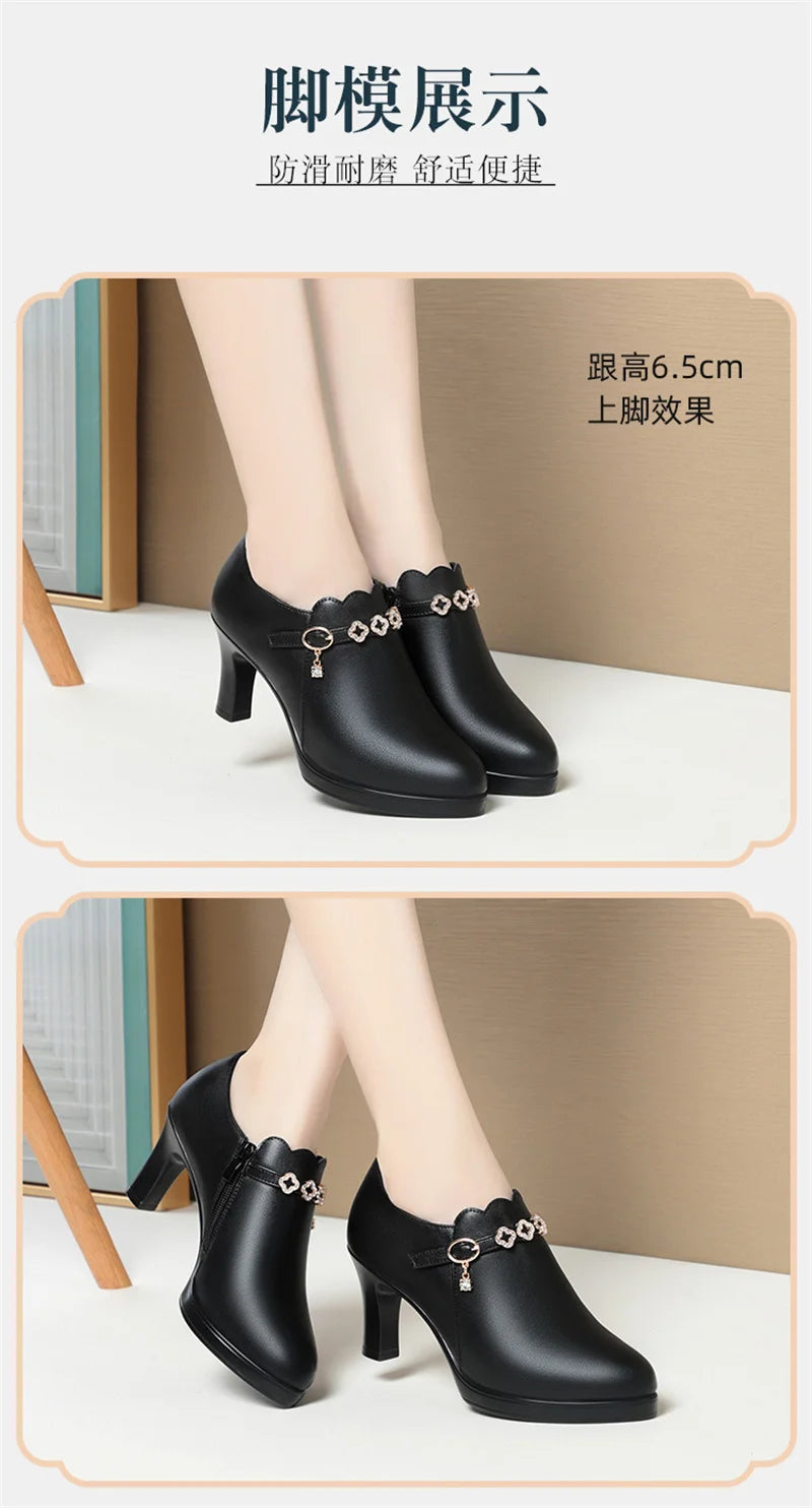 Temperament Fashionable And Versatile Deep Mouth Spring And Autumn Comfortable High Heels Soft Sole Soft Side Single Shoes