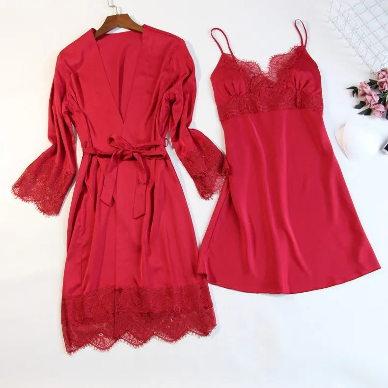 Women Pajamas Five Piece Set Spring Summer Sleepwear Nightgown Sexy Lace Bath Robe Gown Loose Silk Satin Home Wear Loungewear
