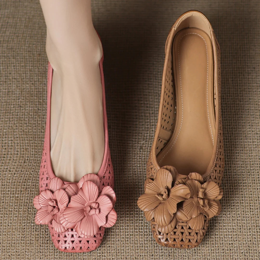 Plus size 41 women's hollow-out sheepskin square toe slip-on pumps 4cm thick med heel elegant ladies flower summer heels sandals