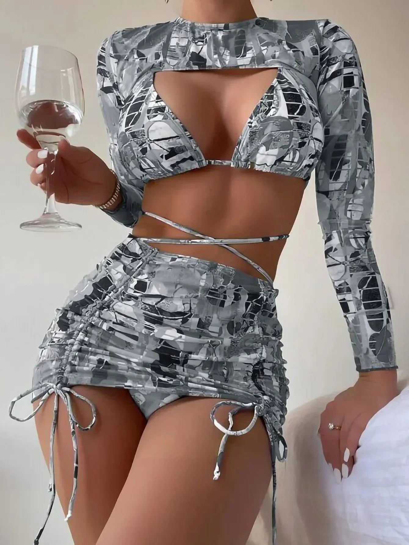 Sexy Printed 4 Piece Bikinis Women Push Up Swimwear With Wrap Long Sleeve Skirt Swimsuit Bathing Suit Beach Wear Female