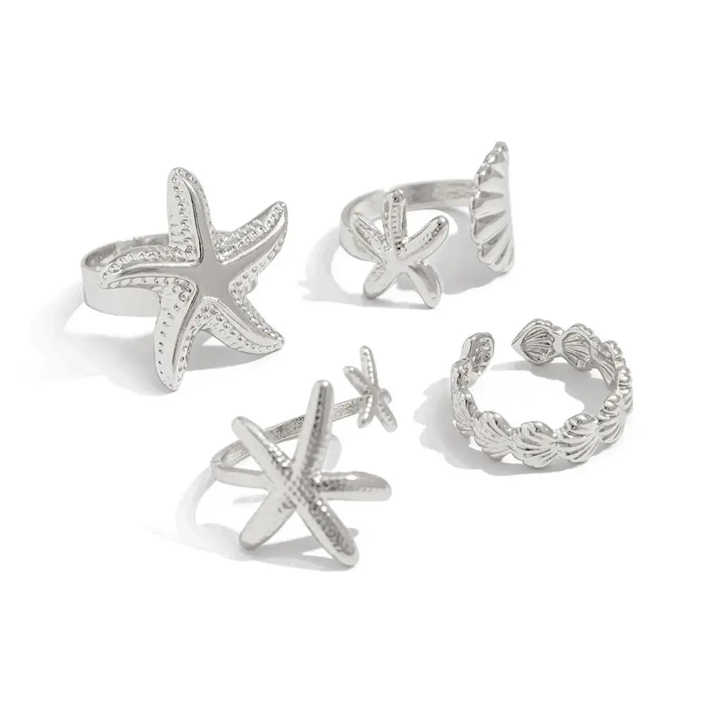 Starfish Scallop Adjustable Open Rings Gold Geometric Design Rings for Women Vacation Style Irregular Beach Jewelry Accessories
