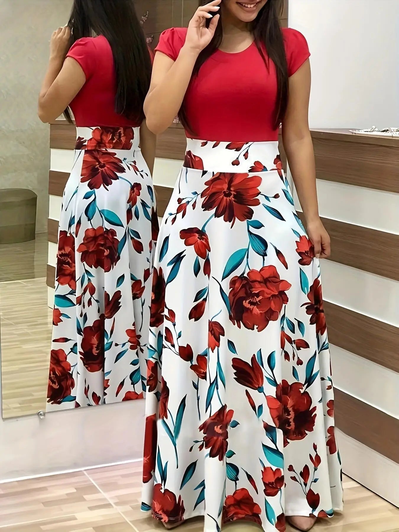 2024 European and American style flower print color matching short sleeved dress for women's large swing skirt BAZAARHUBO