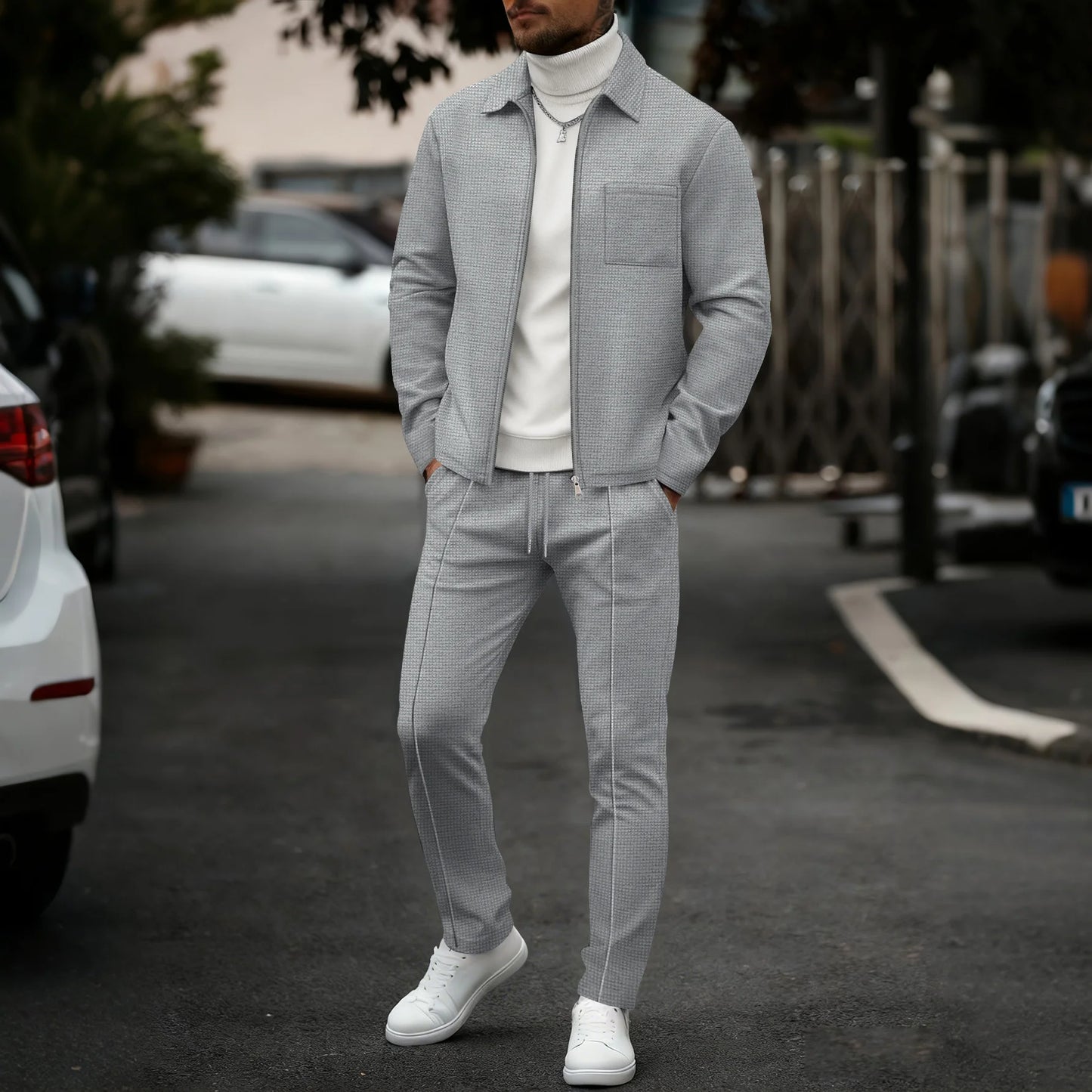 Mens Casual 2 Piece Set Waffle Texture Zip Up Jacket + Elastic Waist Trousers Comfortable Lightweight Suit for All
