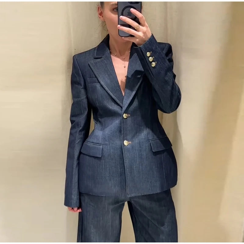Elegant Denim Blazer Vest Pants Set Women Single-breasted V-Neck Suit Coat Strapless Tanks Straight Leg Jeans 2025 New Lady Suit