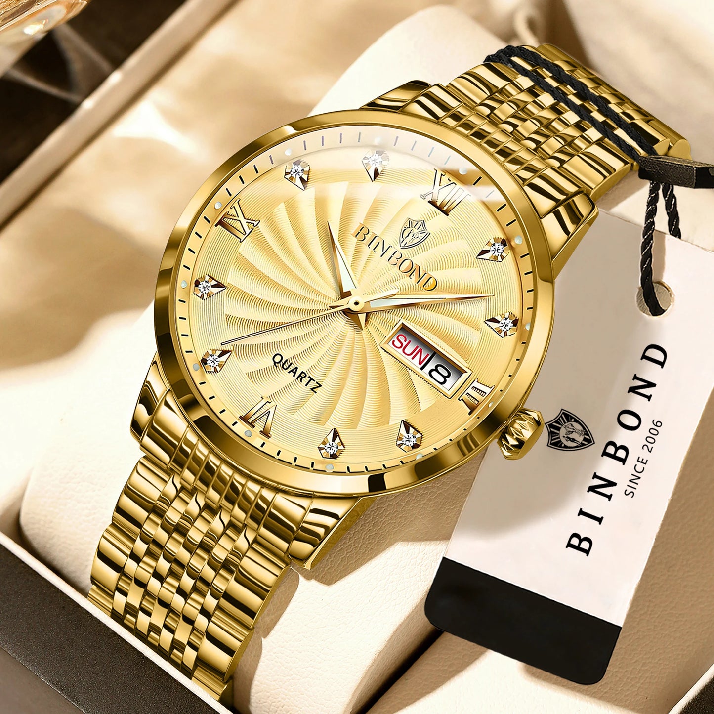 BINBOND Quartz Watches for Men Luxury Luminous Waterproof Precise Auto Date Week Display Men's Watch Casual Sturdy Reloj