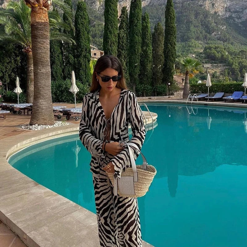 Cryptographic Animal Print Mesh Sheer Stripe Tie Front Detail Top Matching Sets Fashion Outfits 2 Piece Sets Holiday Beachwear