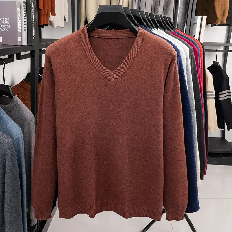 2026 Men's V-Neck Basic Solid Color Sweatshirt Warm Autumn Knitted Oversize Pullover Elastic round Neck Sweater for Casual Wear BAZAARHUBO