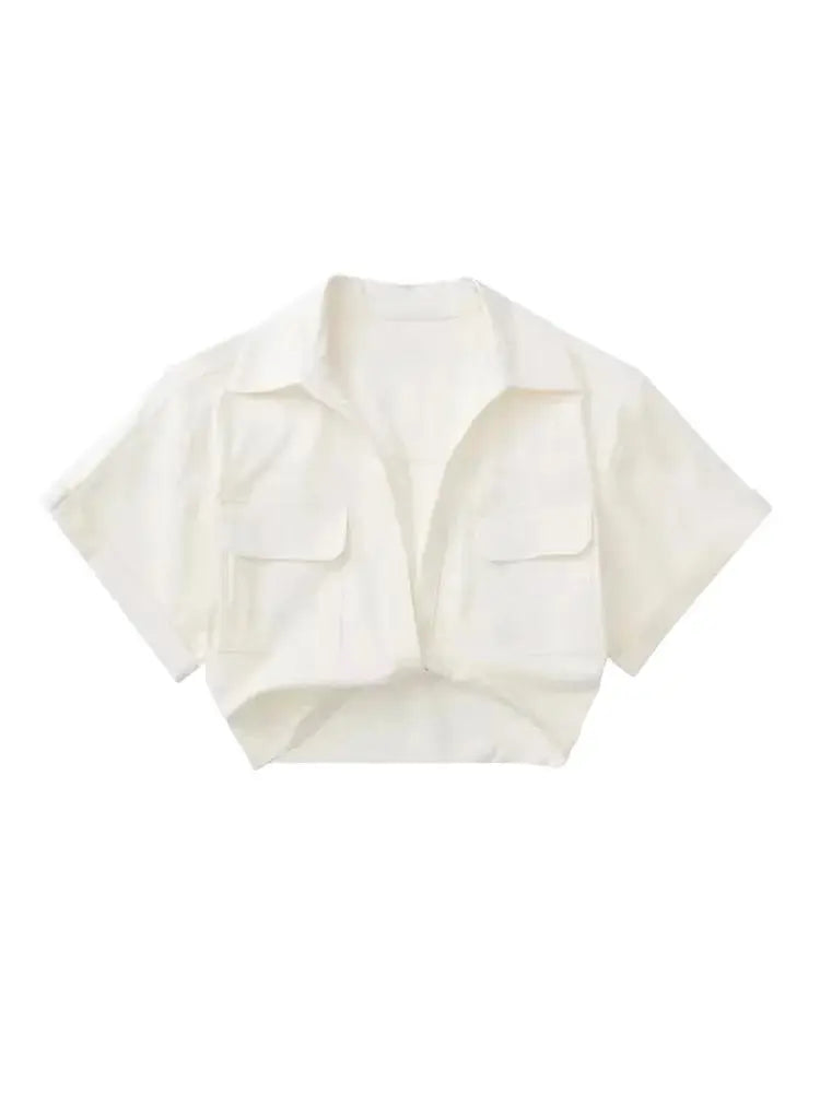 Women Fashion Front Knot Elastic Linen Cropped Shirts Vintage Short Sleeve Patch Pockets Female Blouses Blusa Chic Tops