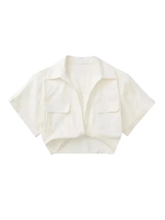 Women Fashion Front Knot Elastic Linen Cropped Shirts Vintage Short Sleeve Patch Pockets Female Blouses Blusa Chic Tops