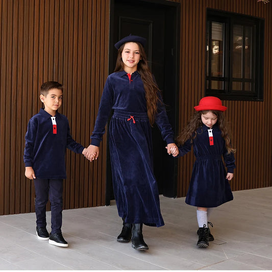 Family Clothes Navy Velour Set Girls Dress Boys Shirt Baby Romper Older 2 Pieces Set Long Sleeves Children Outfit Clothes