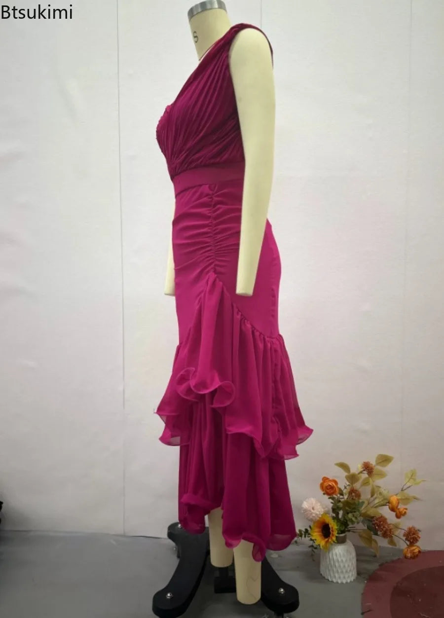 2026 New Women's Sexy Dress Sweet Style Solid High Waist Ruched V-Neck Sleeveless Summer Fashion Ruffle Elegant Party Long Dress