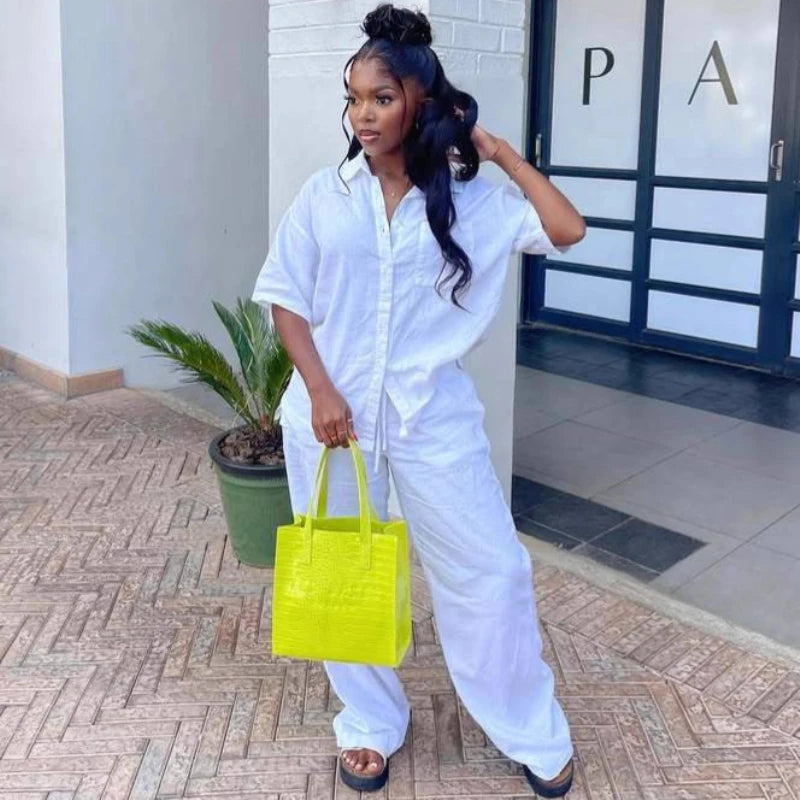 African Fashion Casual Solid Women Pant Sets Two Pieces Matching Set Short Sleeves Loose Shirt Elastic Waist Pants Set