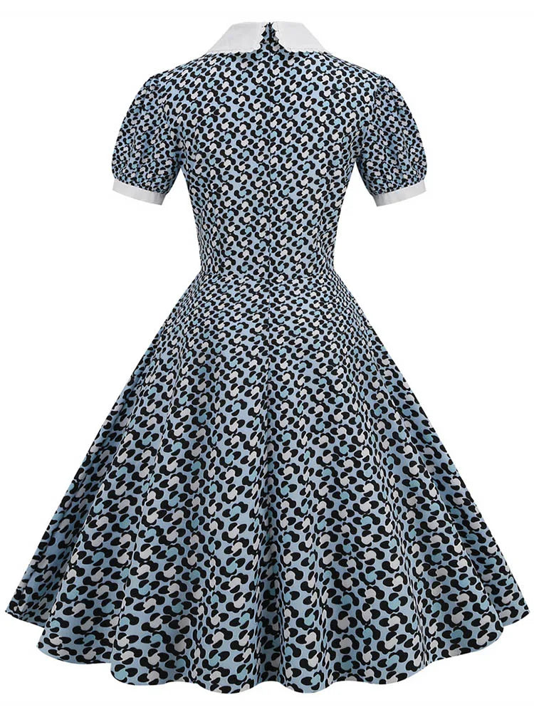Women Vintage Dress Floral Print Peter pan Collar Elegant Party Dress Puff Short Sleeve Pin Up 50s Party Sundress 3XL