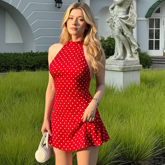 Talenza Polka Dot Mini Dress For Women Summer Off Shoulder Sleeveless Backless Halter Dress Female Elegant Party Slim Dress 2025