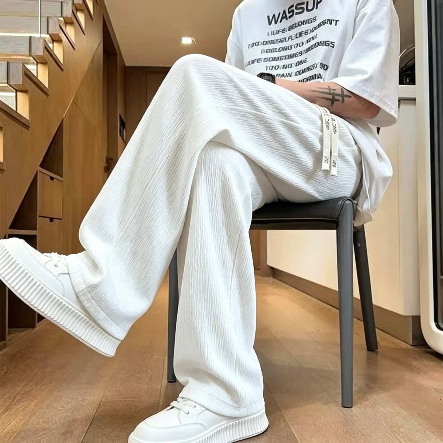 New Mens Wide Leg Pants Summer Loose Textured Casual Trousers Baggy Straight Relaxed Fit Streetwear Comfortable Pants