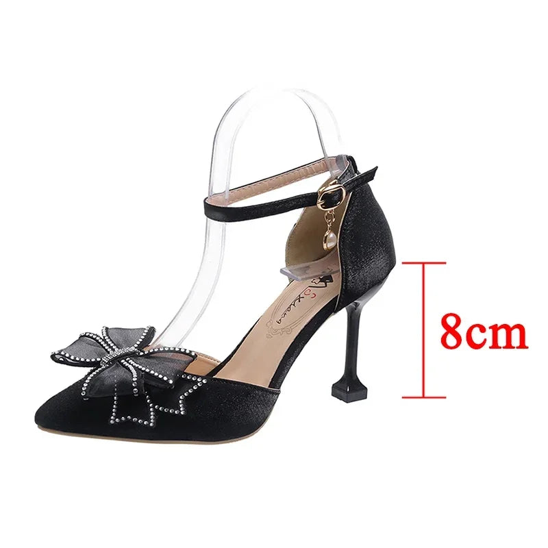 Rimocy Sexy Thin Heels Ankle Strap Pumps Women Lace Bowknot Wedding Party Shoes Woman Elegant Pointed Toe Silk High Heels Shoes